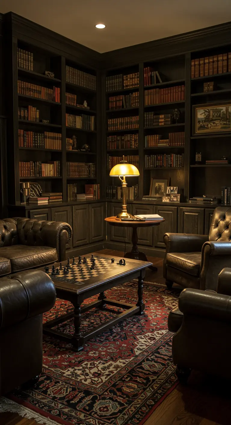 Biblioteca clásica oscura con sofás de cuero Chesterfield y una lámpara dorada de mesa