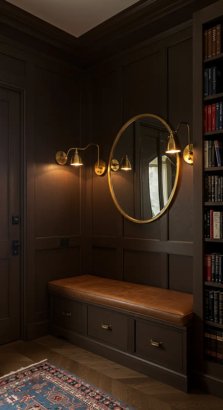 Rincón de entrada oscuro con paredes de madera, banco de obra con cojín de cuero y apliques dorados.