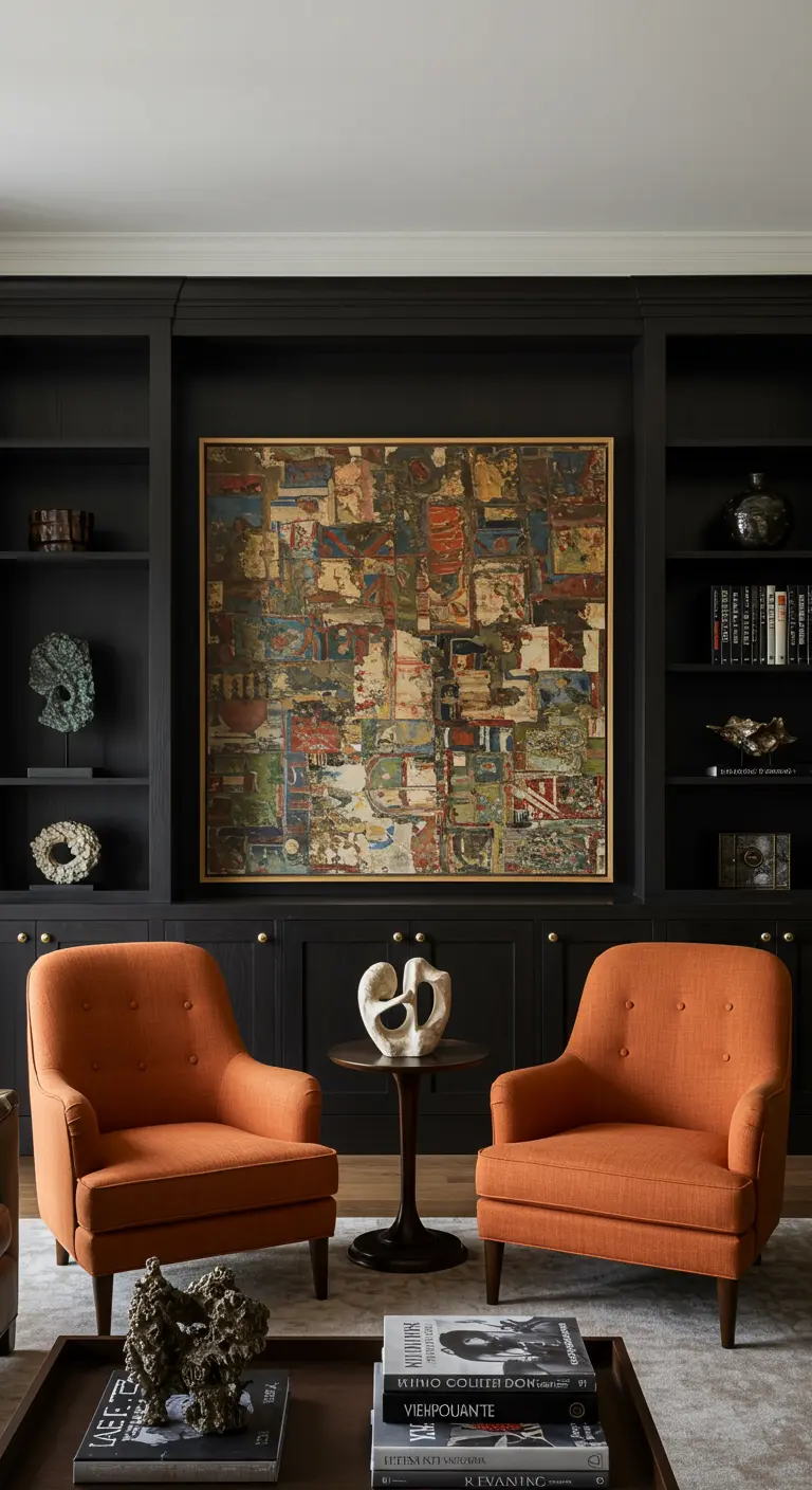Zona de lectura con estanterías negras, dos butacas naranjas y un cuadro abstracto de collage.