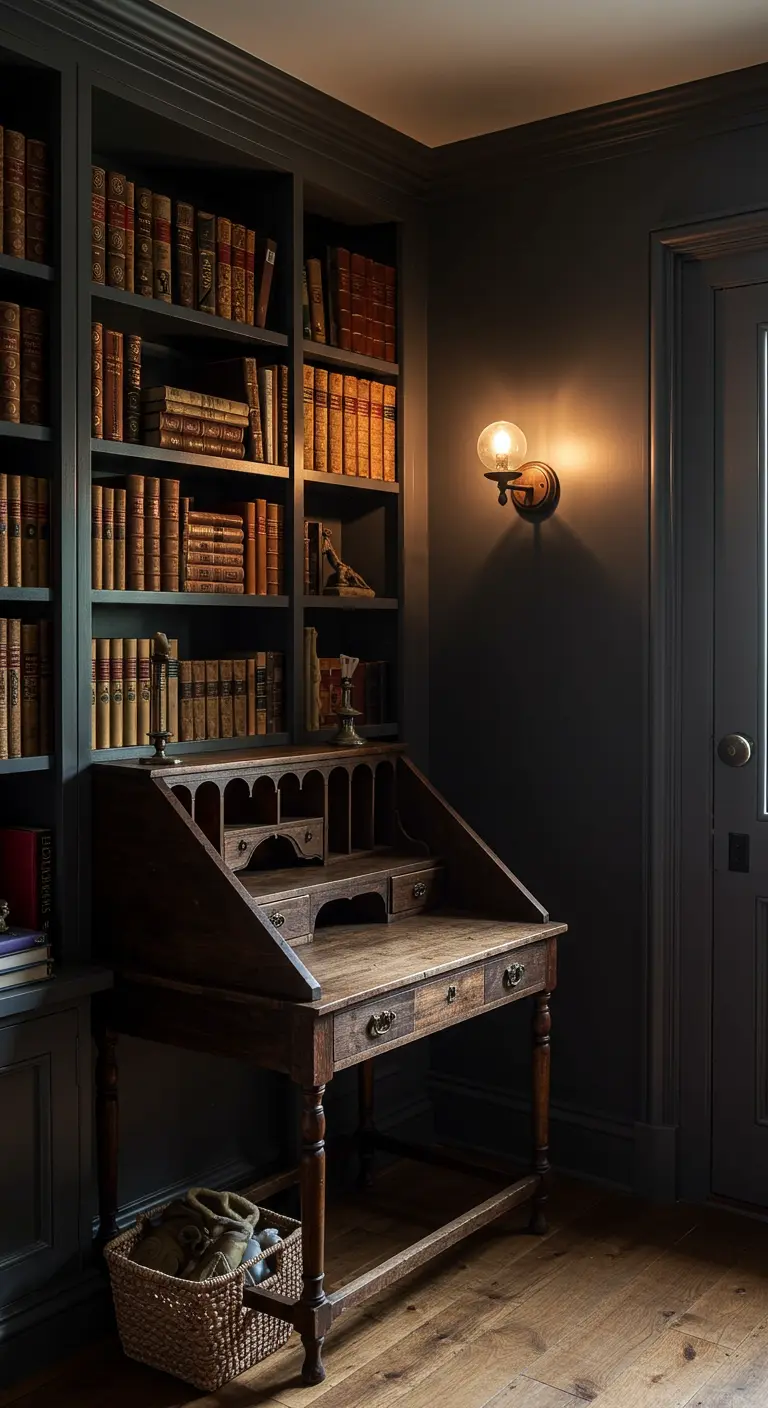 Entrada oscura estilo 'dark academia' con una estantería de libros y un escritorio antiguo.