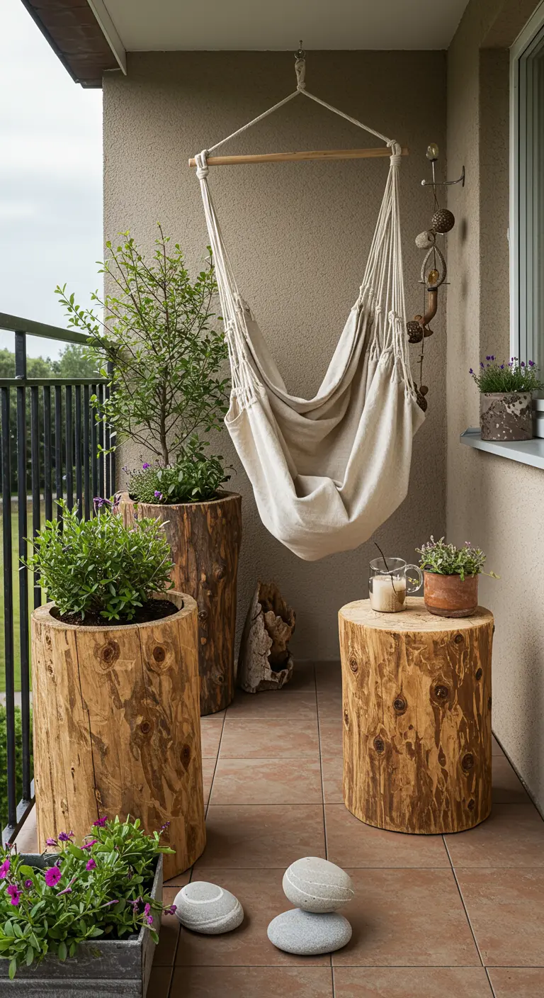 Balcón rústico con silla colgante de lona y muebles hechos con troncos de madera maciza