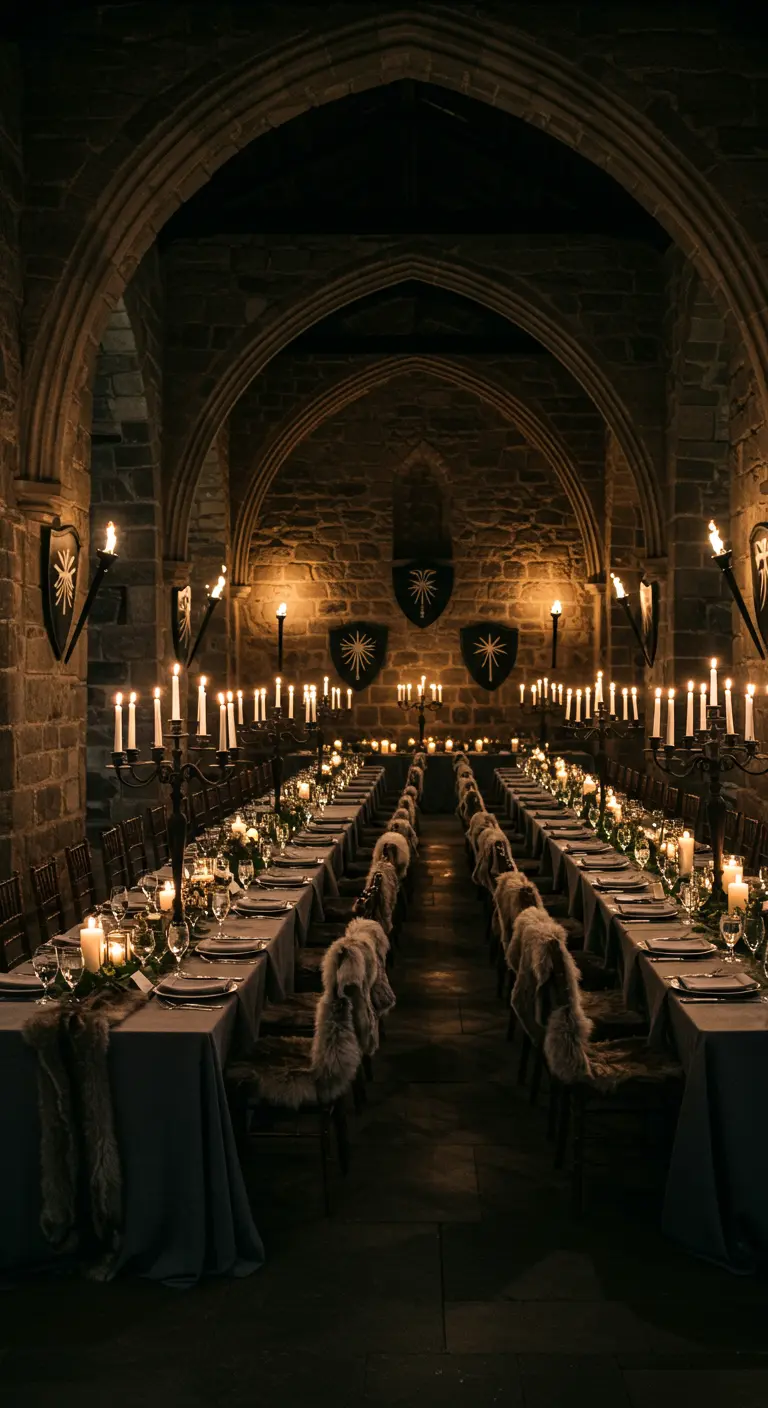 Salón de castillo con paredes de piedra, iluminado por antorchas y velas en mesas largas.