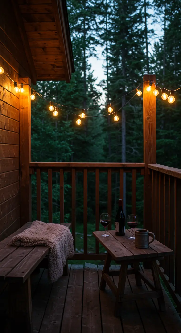 Balcón de madera rústico en un bosque, con banco, manta de pelo y guirnalda de luces cálidas.