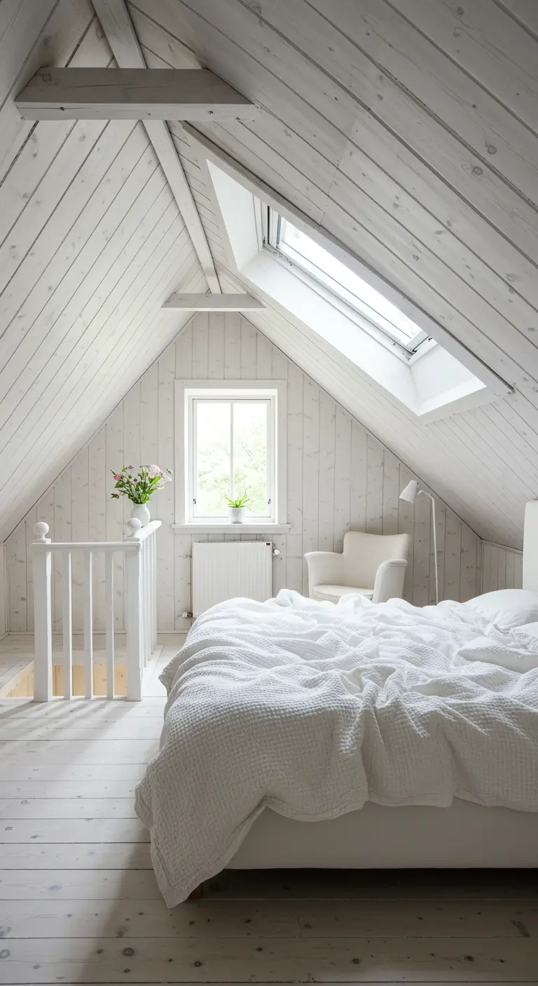 Ático luminoso con paredes y suelo de madera blanca, una cama y una pequeña ventana en el techo.
