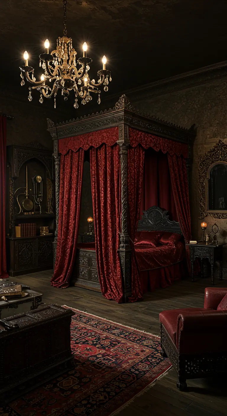 Dormitorio gótico con cama con dosel de madera oscura y cortinas de terciopelo rojo