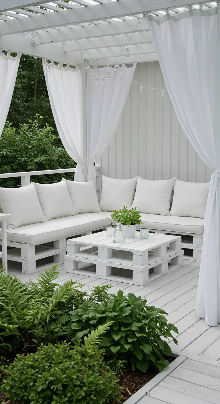 Zona chill out totalmente blanca con sofás de palets, cortinas y pérgola.
