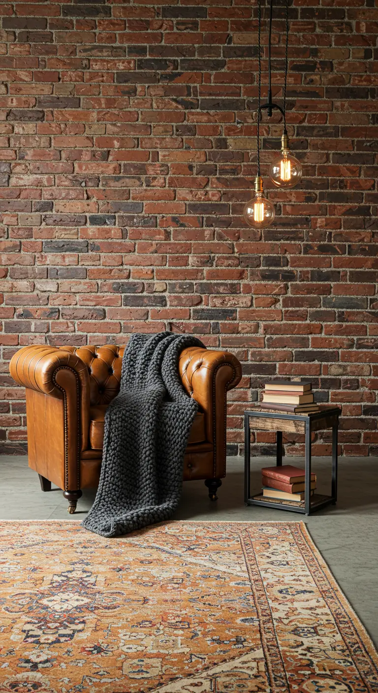 Sillón Chesterfield de cuero marrón frente a una pared de ladrillo con lámparas industriales.
