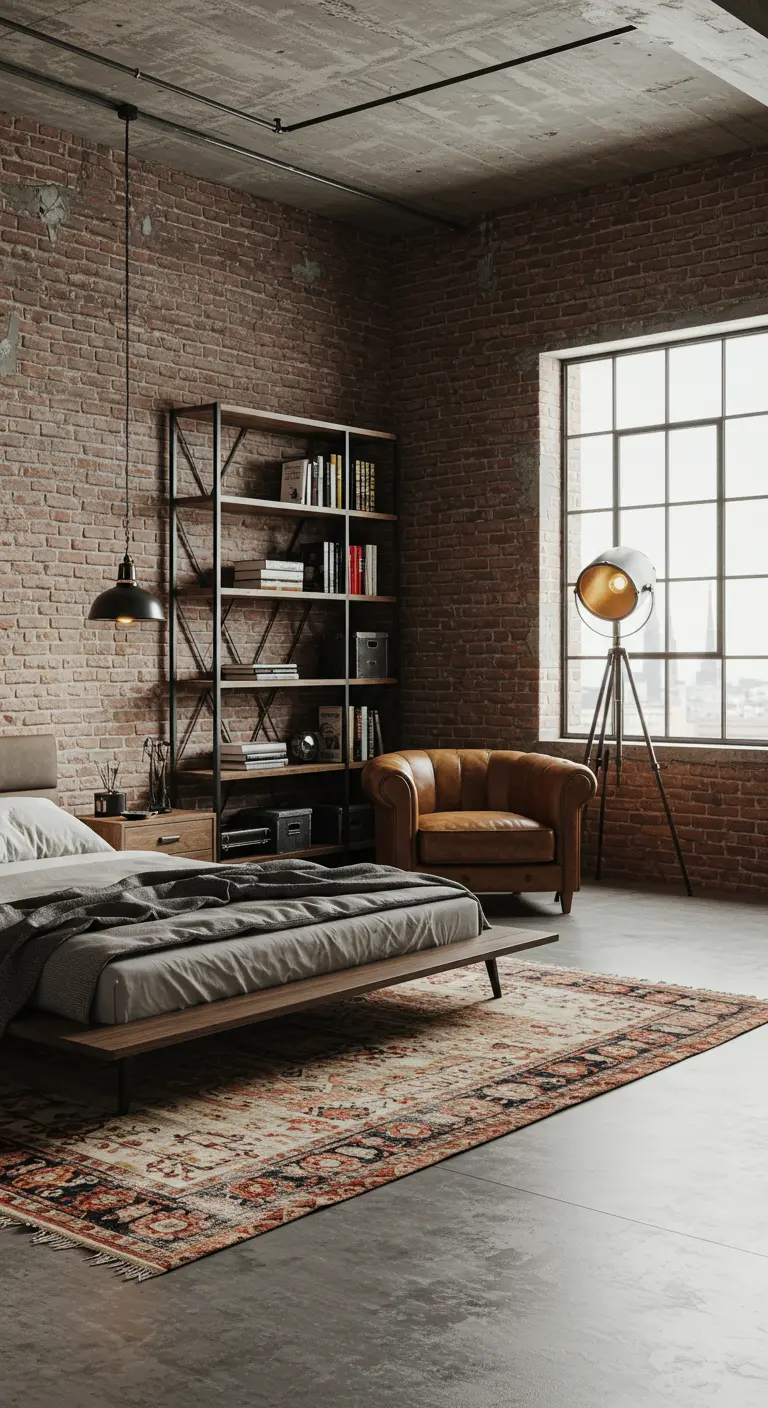 Rincón de lectura industrial con pared de ladrillo, estantería de metal y sillón de cuero.