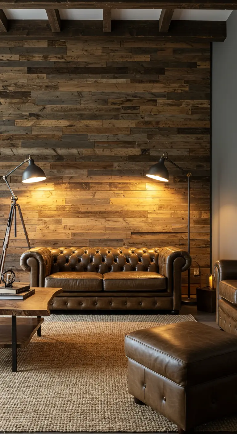 Sala de estar con pared de madera reciclada en tonos oscuros y un sofá de cuero marrón.