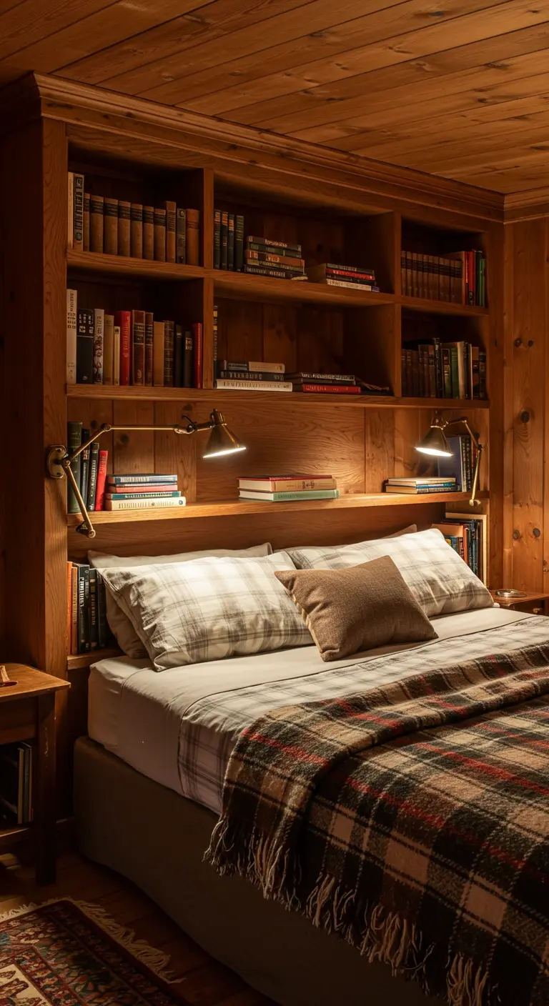 Cama integrada en una estantería de madera llena de libros que funciona como cabecero y almacenaje