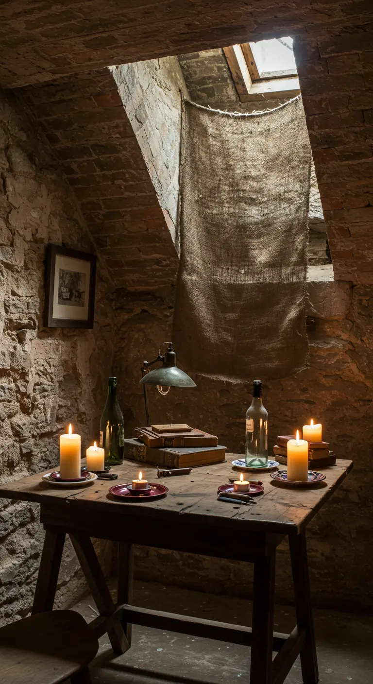 Mesa de madera en un sótano de piedra, iluminada con velas en botellas.