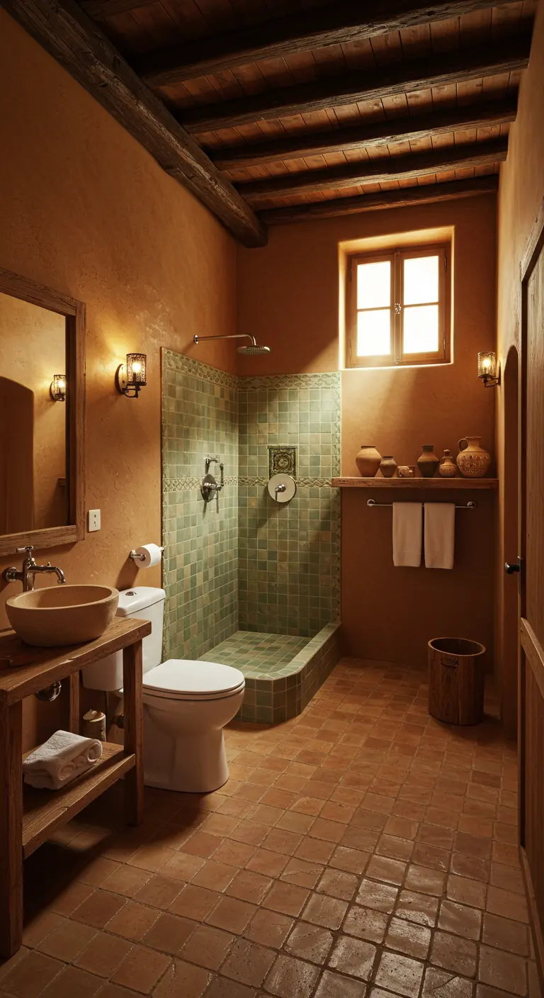 Baño rústico marroquí con paredes de estuco ocre, vigas de madera y ducha de obra