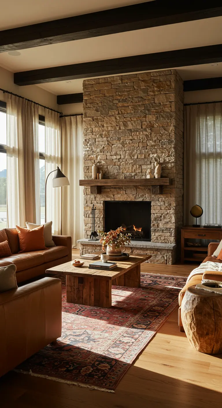 Sala rústica con chimenea de piedra, sofá de cuero marrón y vigas de madera en el techo.