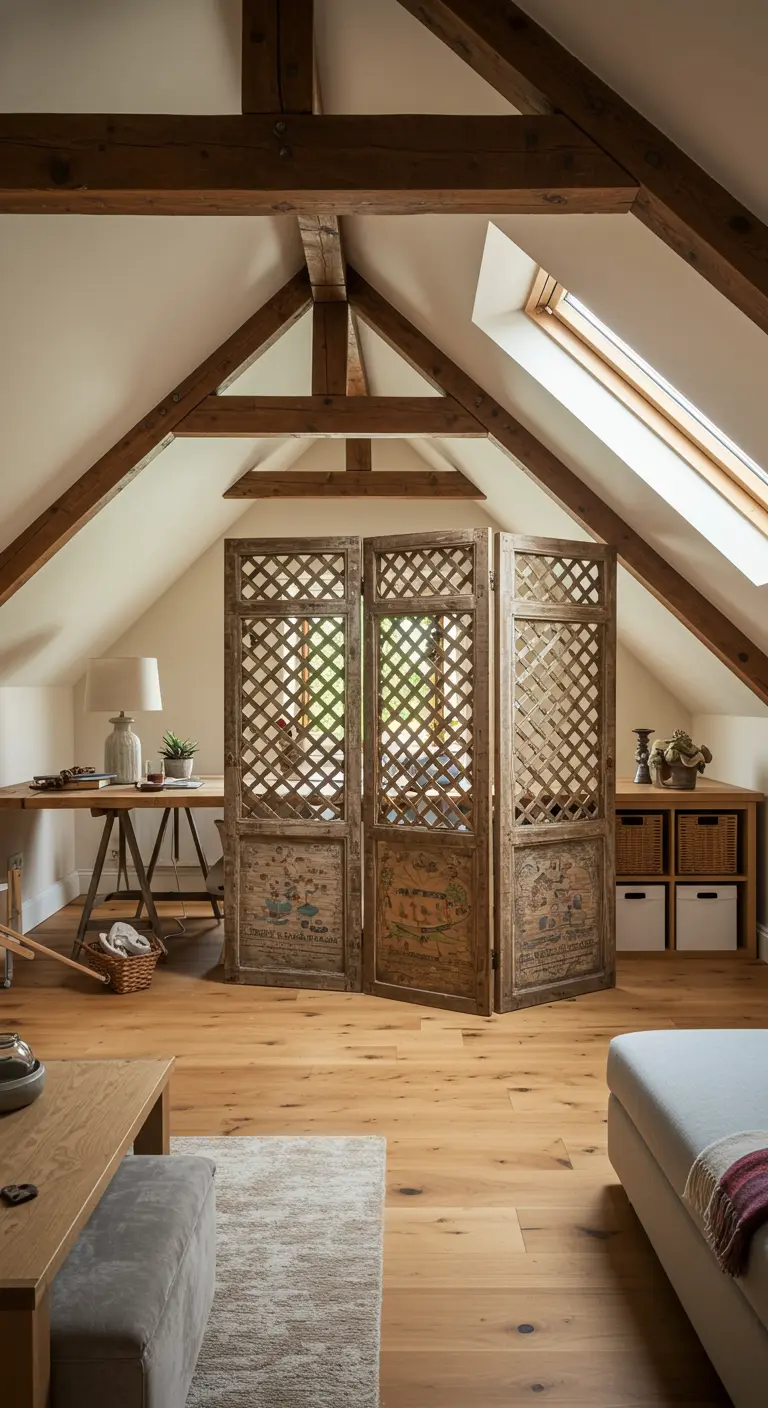 Oficina en un ático rústico con un biombo de celosía de madera envejecida.