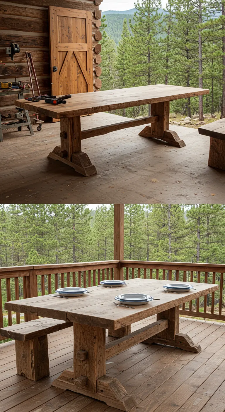 Mesa de comedor rústica de madera en un porche con vistas a un bosque de pinos.