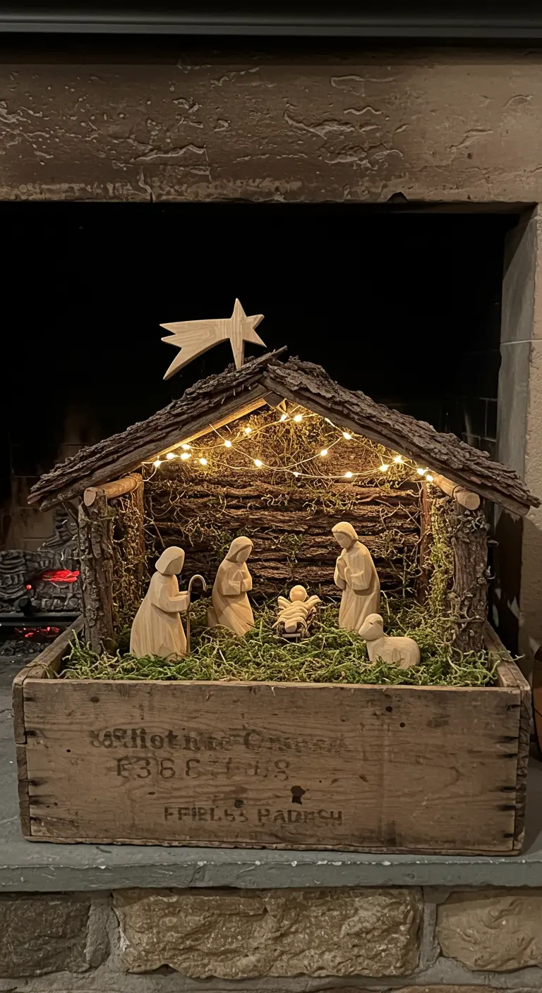 Belen rústico en una caja de madera con figuras talladas y techo de corteza iluminado.