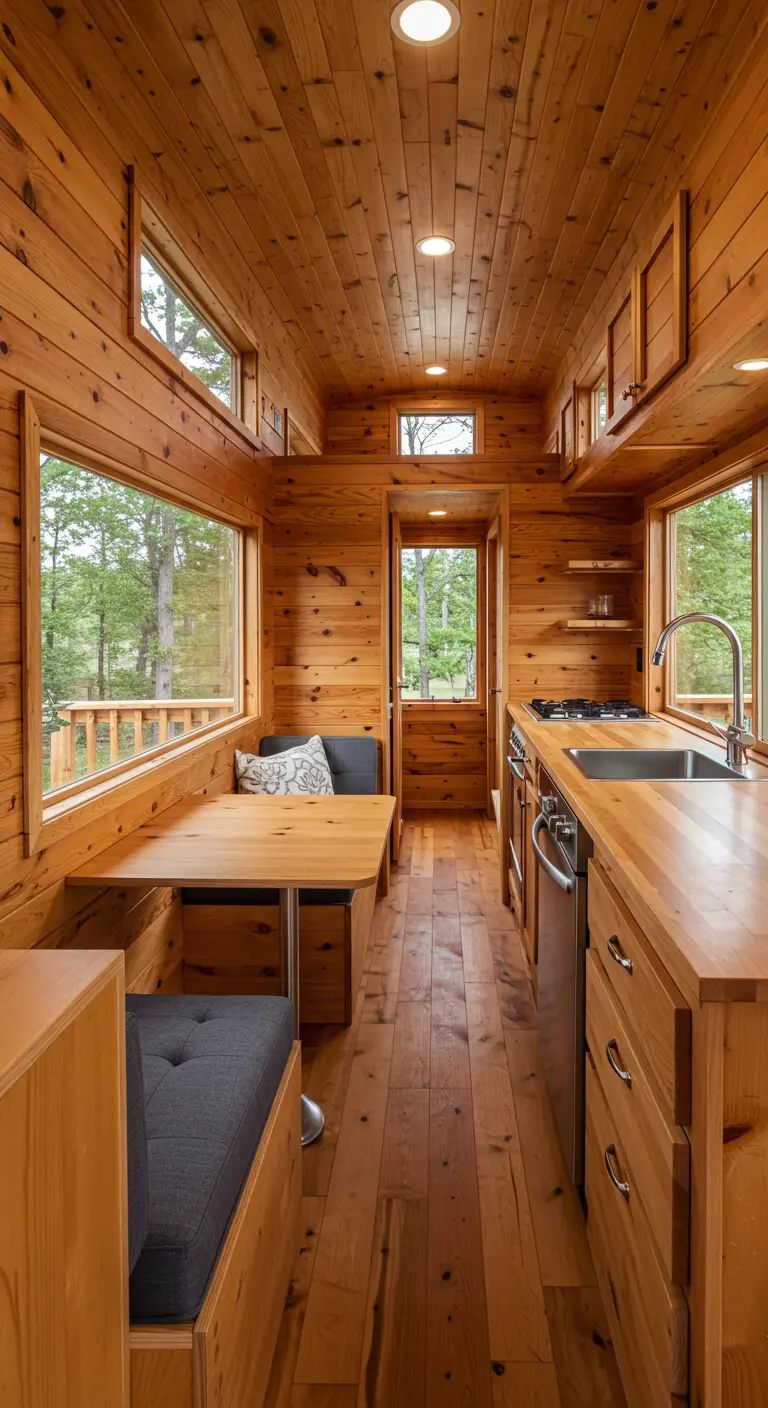 Interior de una pequeña cabaña de madera con una zona de comedor con bancos fijos.