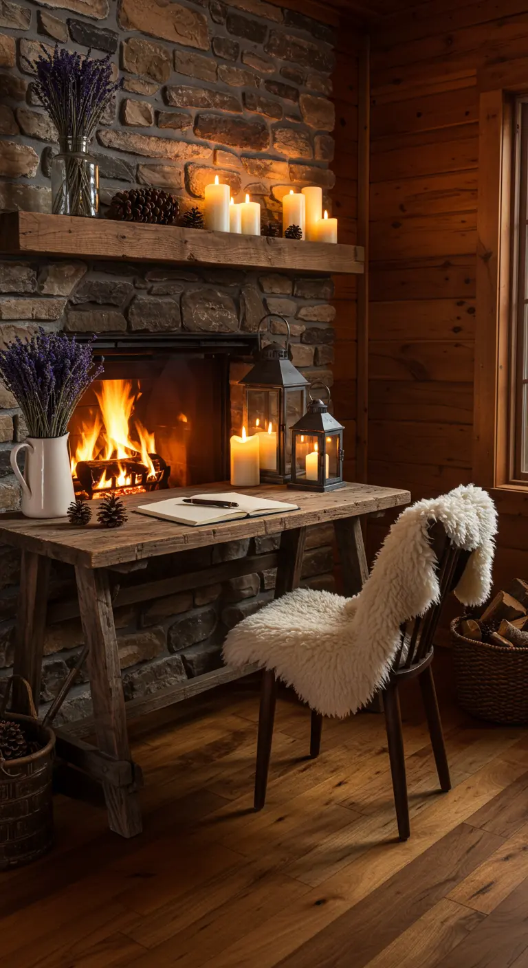 Rincón de escritura rústico con escritorio de madera frente a una chimenea encendida y velas.
