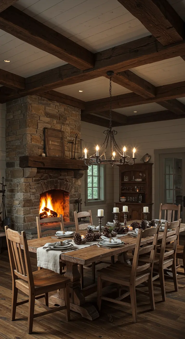 Comedor rústico con techo de vigas de madera oscura y chimenea de piedra encendida