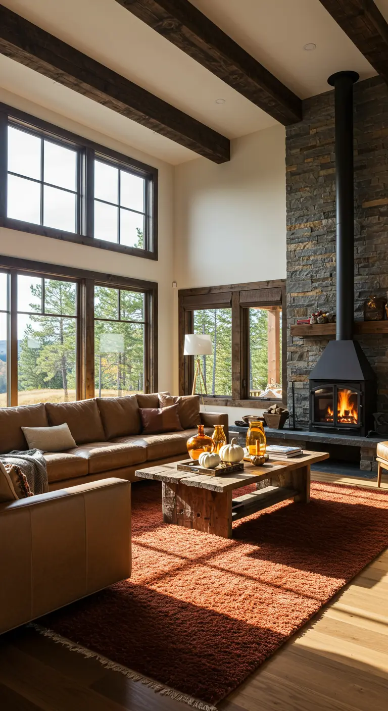 Sala de estar rústica con sofá de cuero, chimenea de piedra y alfombra naranja.