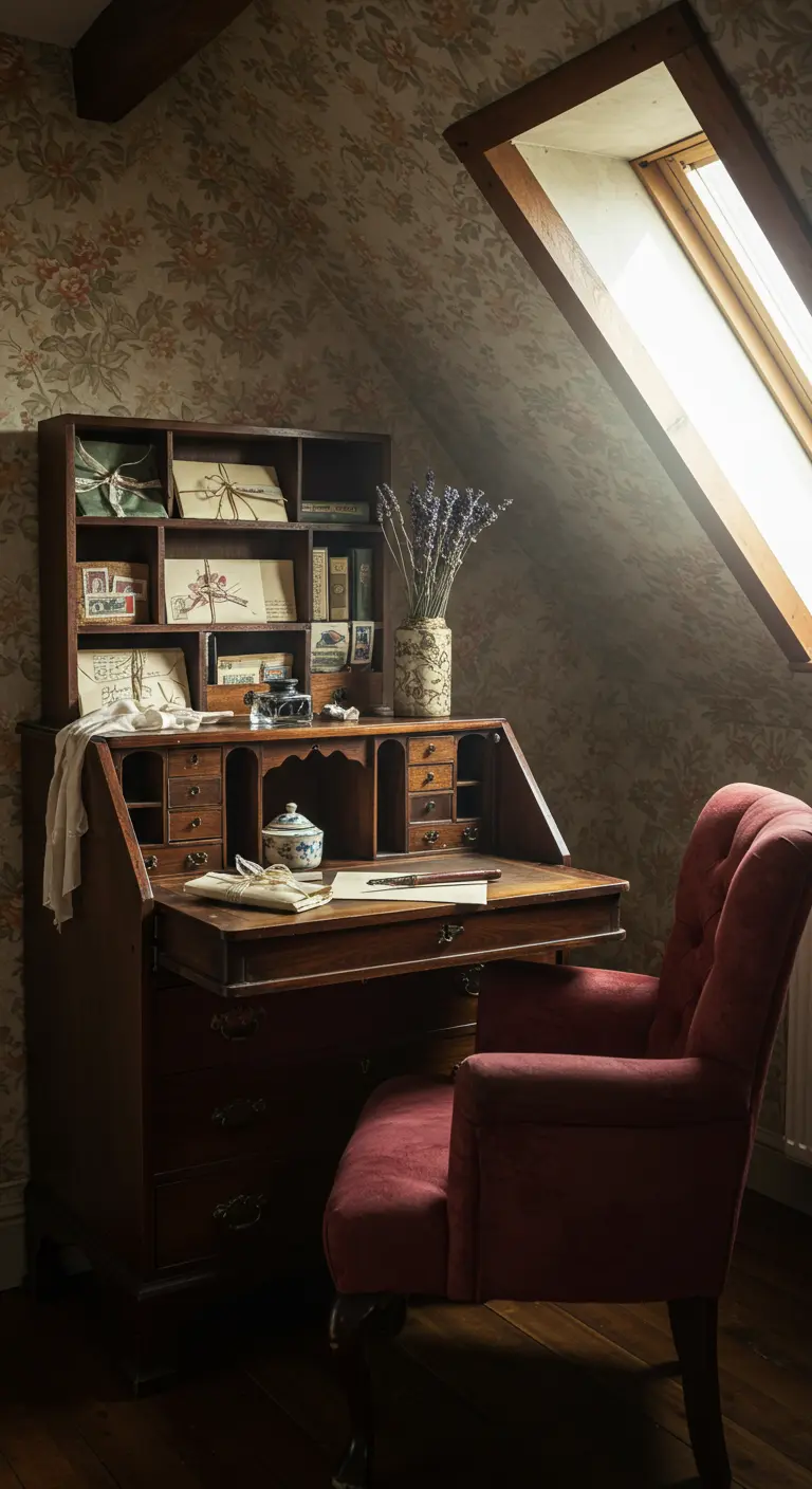 Rincón de escritura vintage en un ático con escritorio de madera, papel floral y sillón de terciopelo.