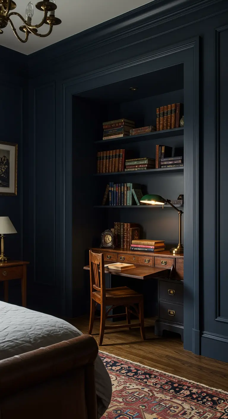 Escritorio de madera oscura en un nicho de pared azul marino con estanterías de libros.