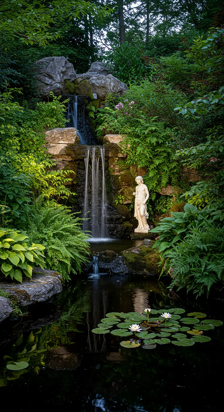 Una estatua clásica junto a una cascada rocosa que cae en un estanque con nenúfares.