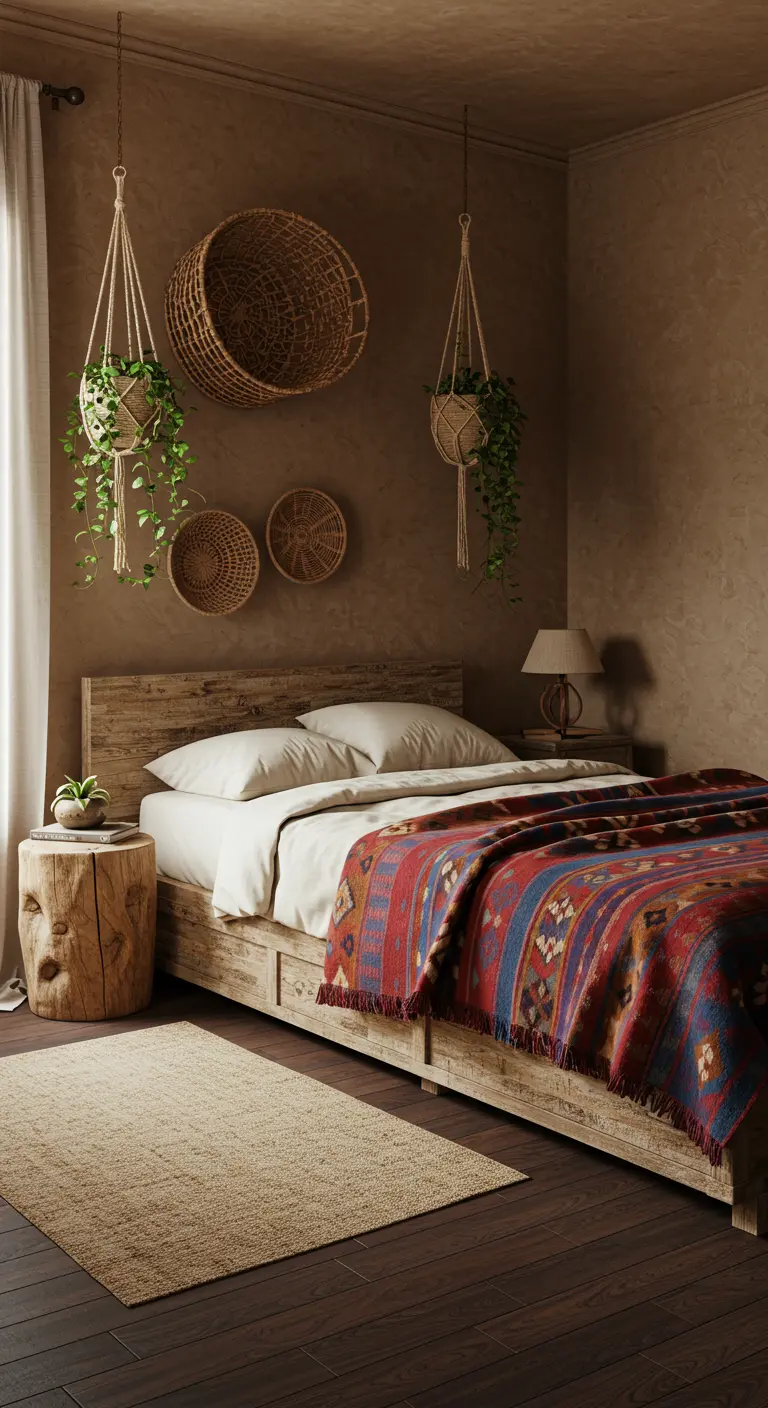 Dormitorio boho con paredes en tonos tierra, cama de madera, manta andina y plantas colgantes.