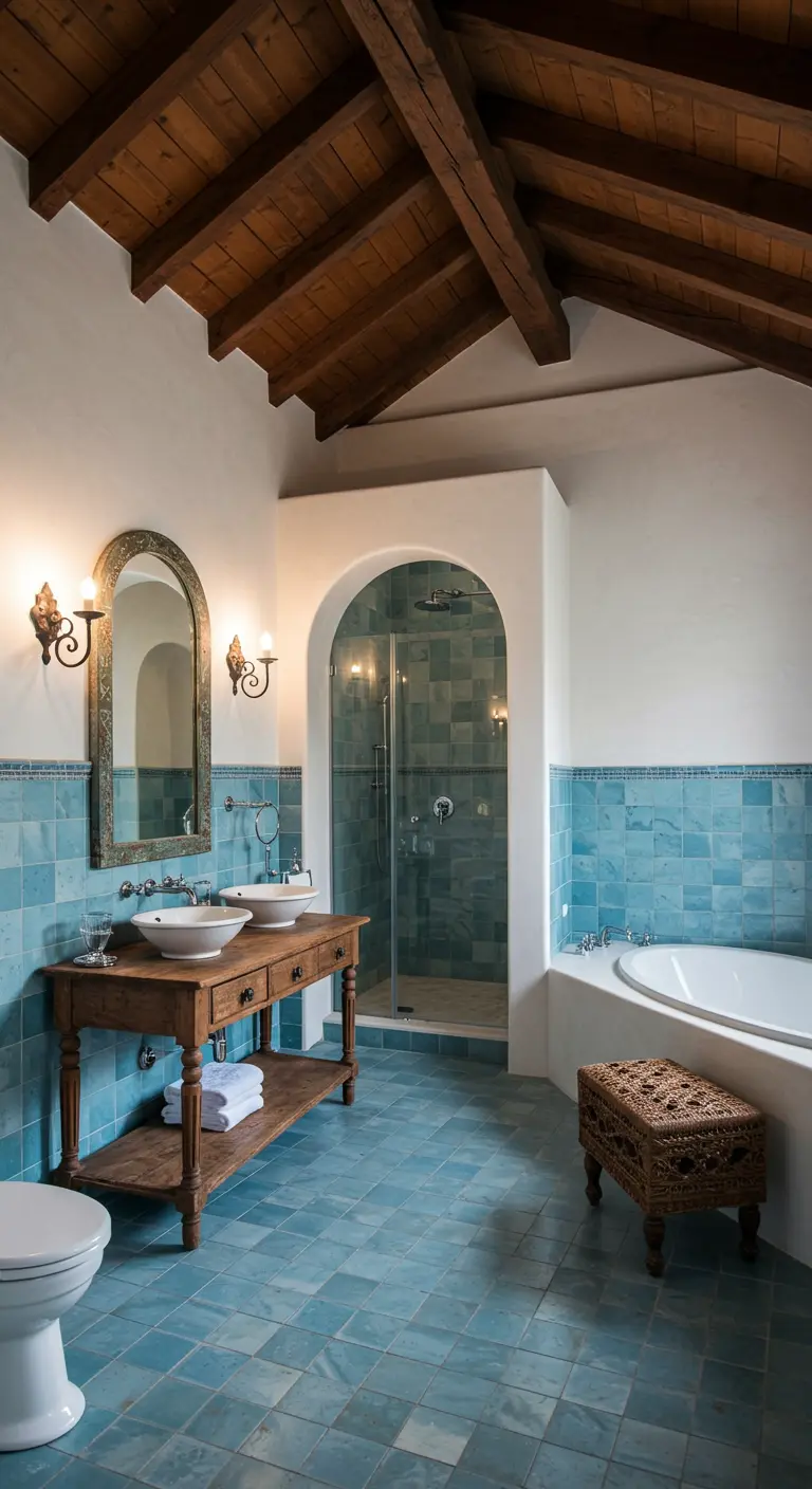 Baño rústico de estilo toscano con azulejos azul verdoso y arco en la ducha