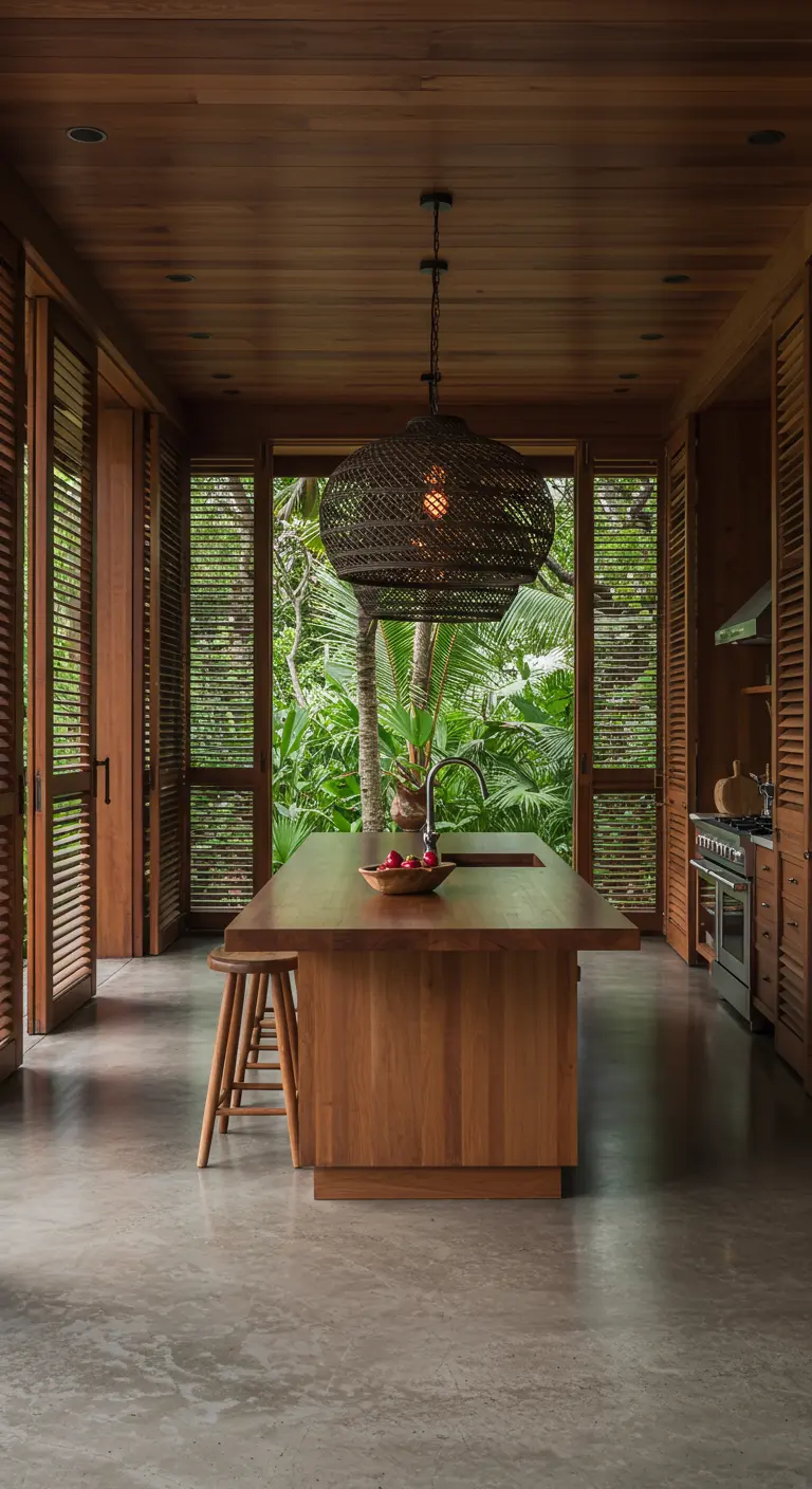 Cocina tropical de madera con una enorme lámpara colgante de mimbre oscuro tejido.