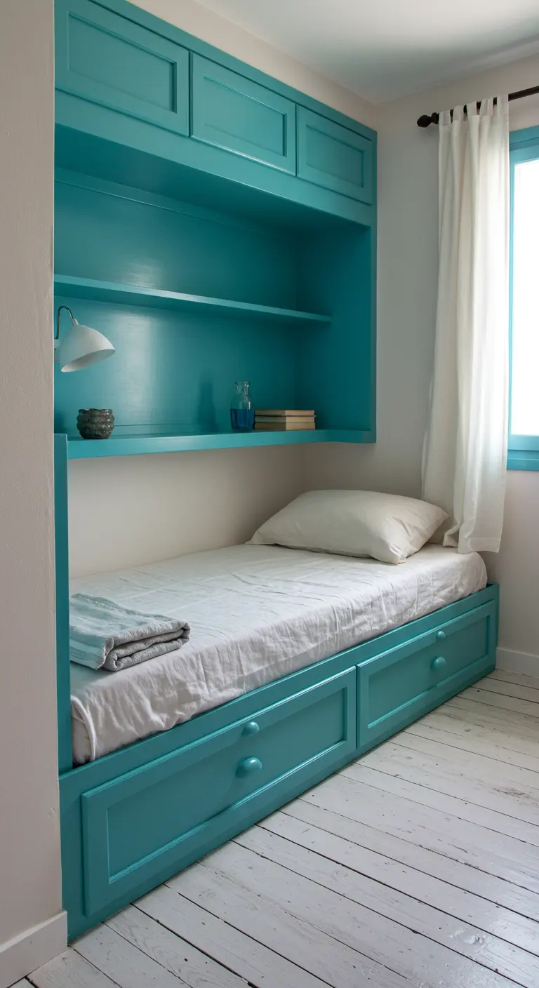 Cama individual integrada en una estructura de madera turquesa con estanterías y cajones.