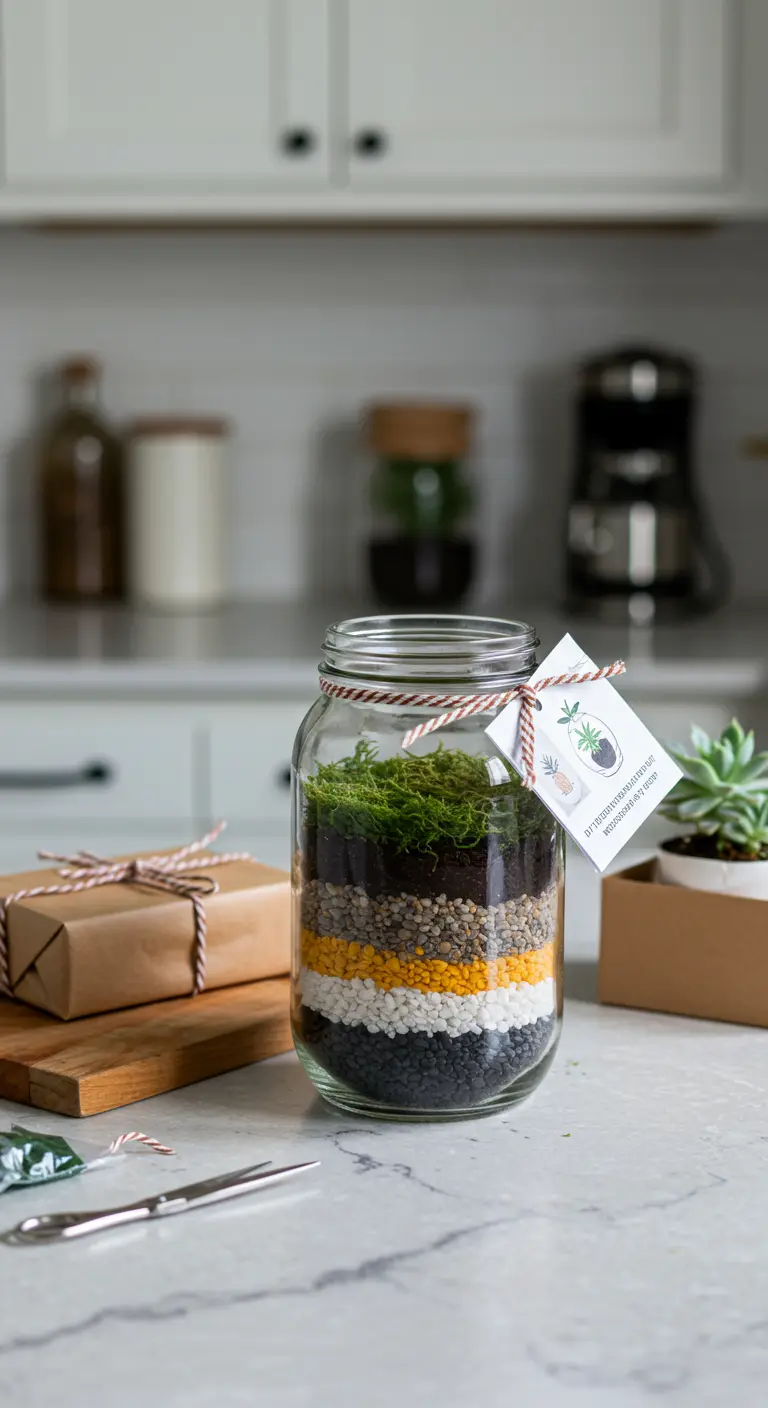 Un terrario en un frasco con capas de grava de colores, musgo y una etiqueta de regalo, listo para ser entregado.