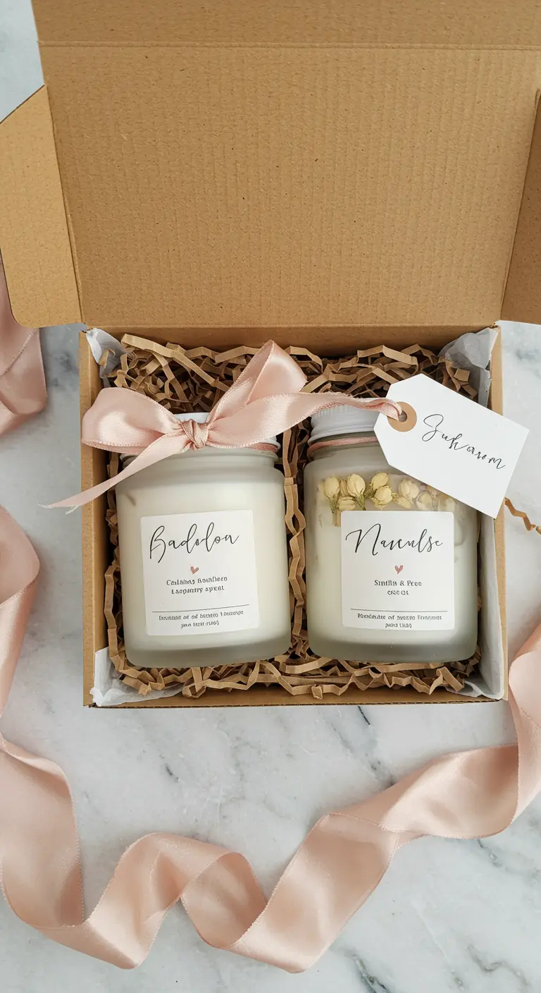 Caja de regalo con dos velas caseras personalizadas y lazo.