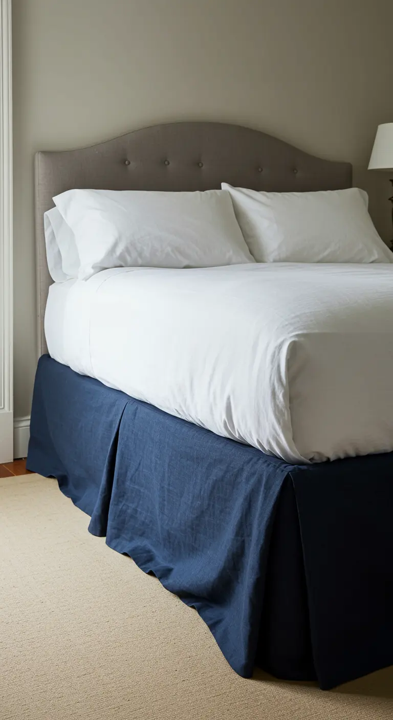 Cama con un faldón de lino azul marino con pliegues que oculta la base.