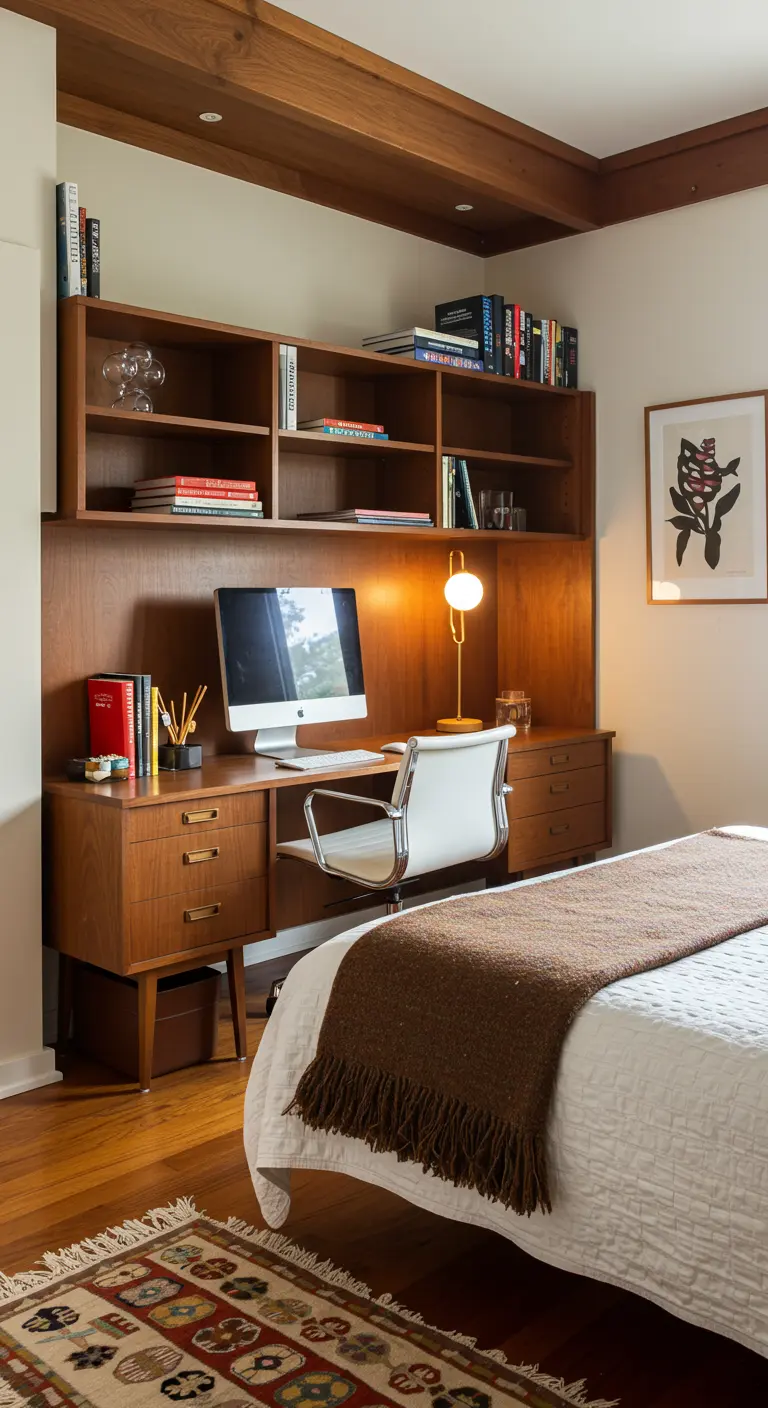 Escritorio de madera de estilo mid-century modern con estanterías superiores y silla blanca.