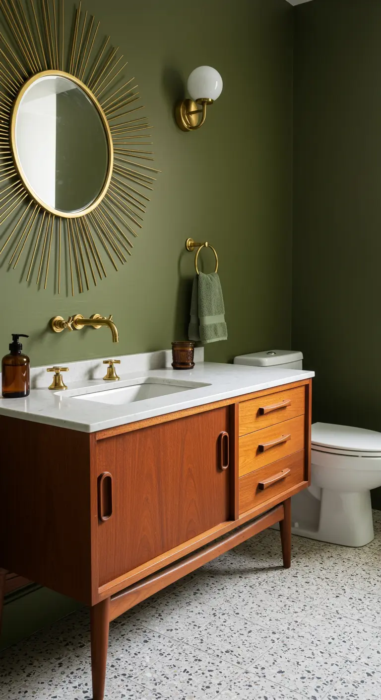Baño Mid-Century Modern con un aparador de madera reconvertido, espejo sol y paredes verdes.