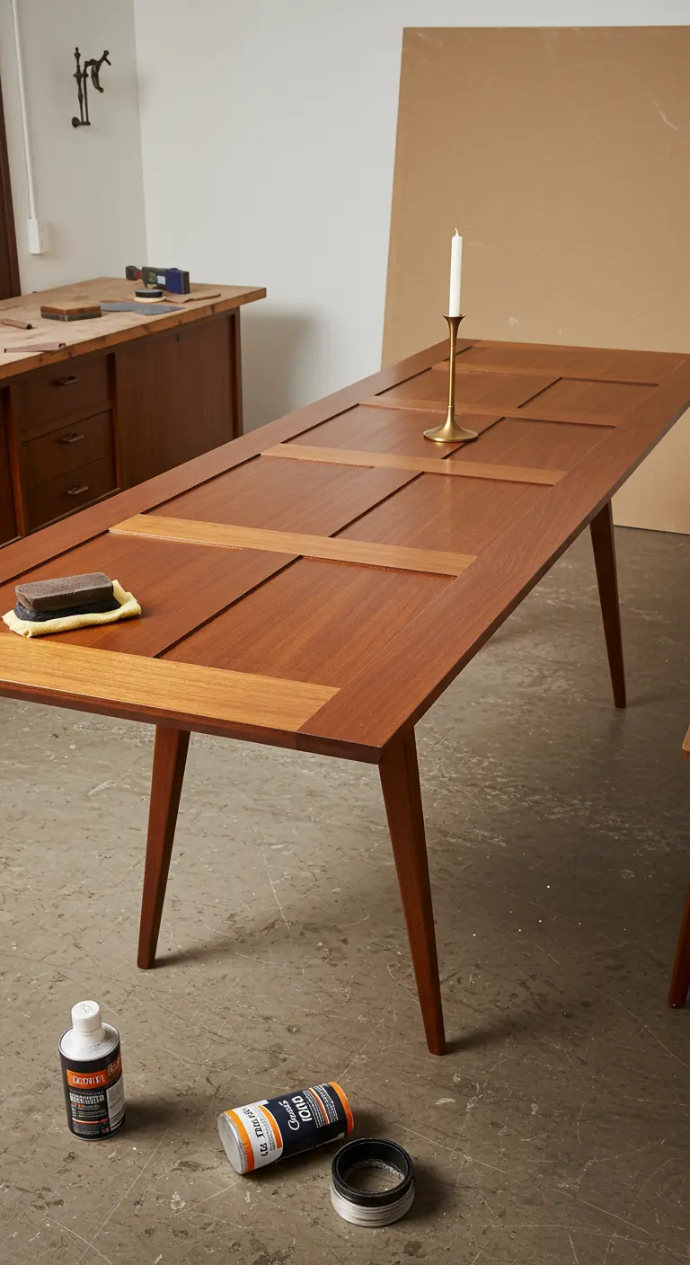 Mesa de comedor de estilo Mid-Century Modern hecha con una puerta de madera teñida y patas cónicas.