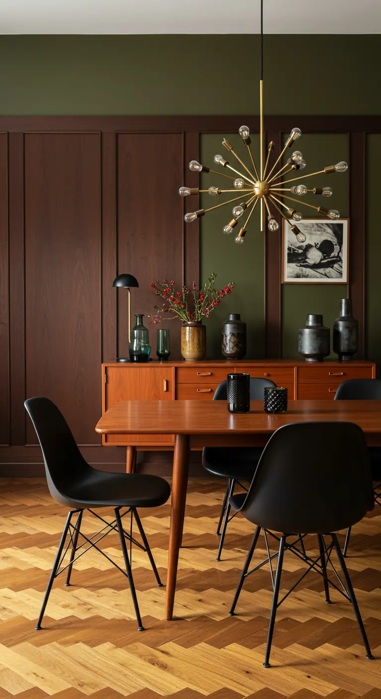 Comedor Mid-Century Modern con paredes verdes, paneles de madera y lámpara Sputnik.