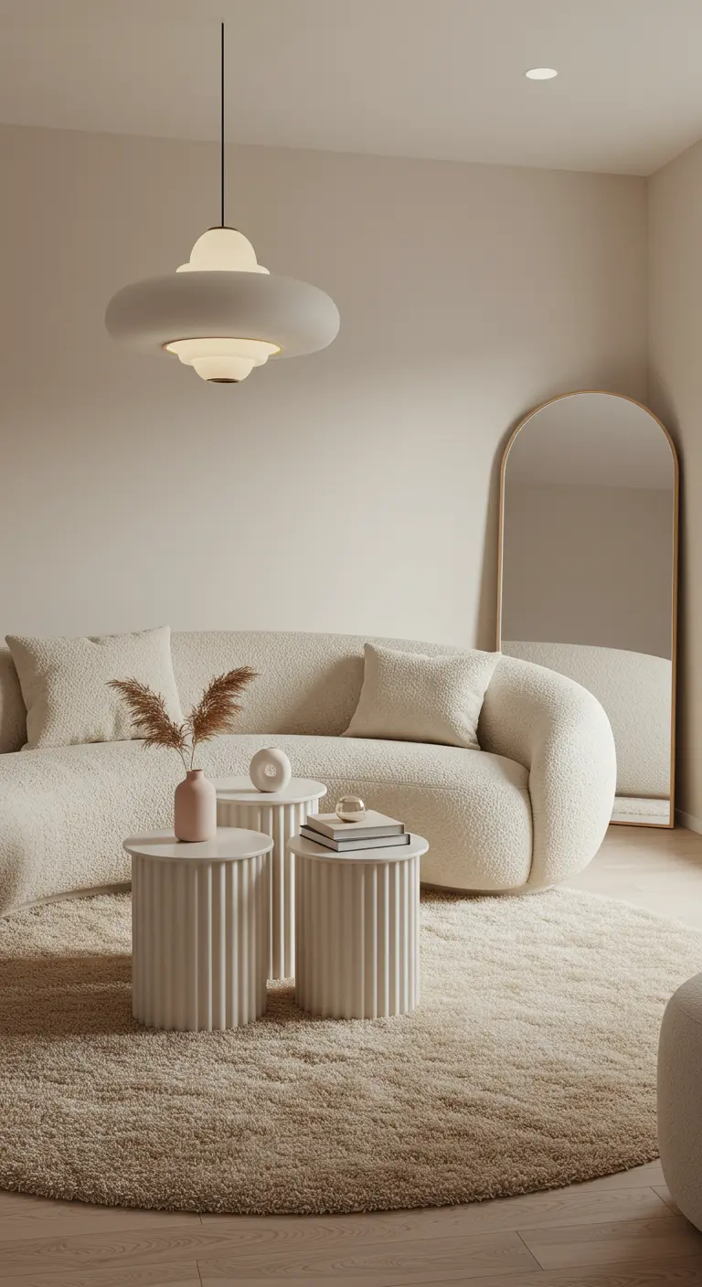Sala de estar moderna con sofá curvo de bouclé blanco, mesas auxiliares acanaladas y espejo arqueado.