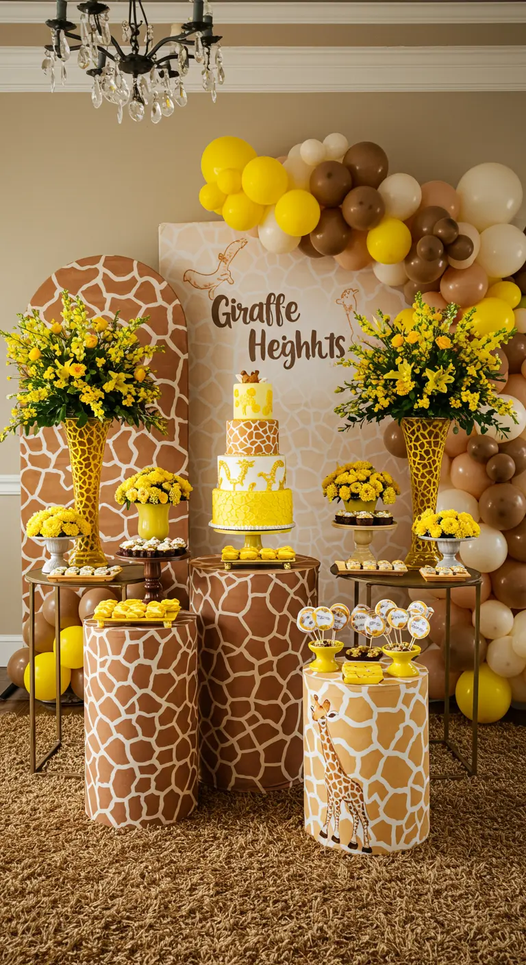 Mesa de postres temática de jirafas con pedestales estampados, globos y flores amarillas.