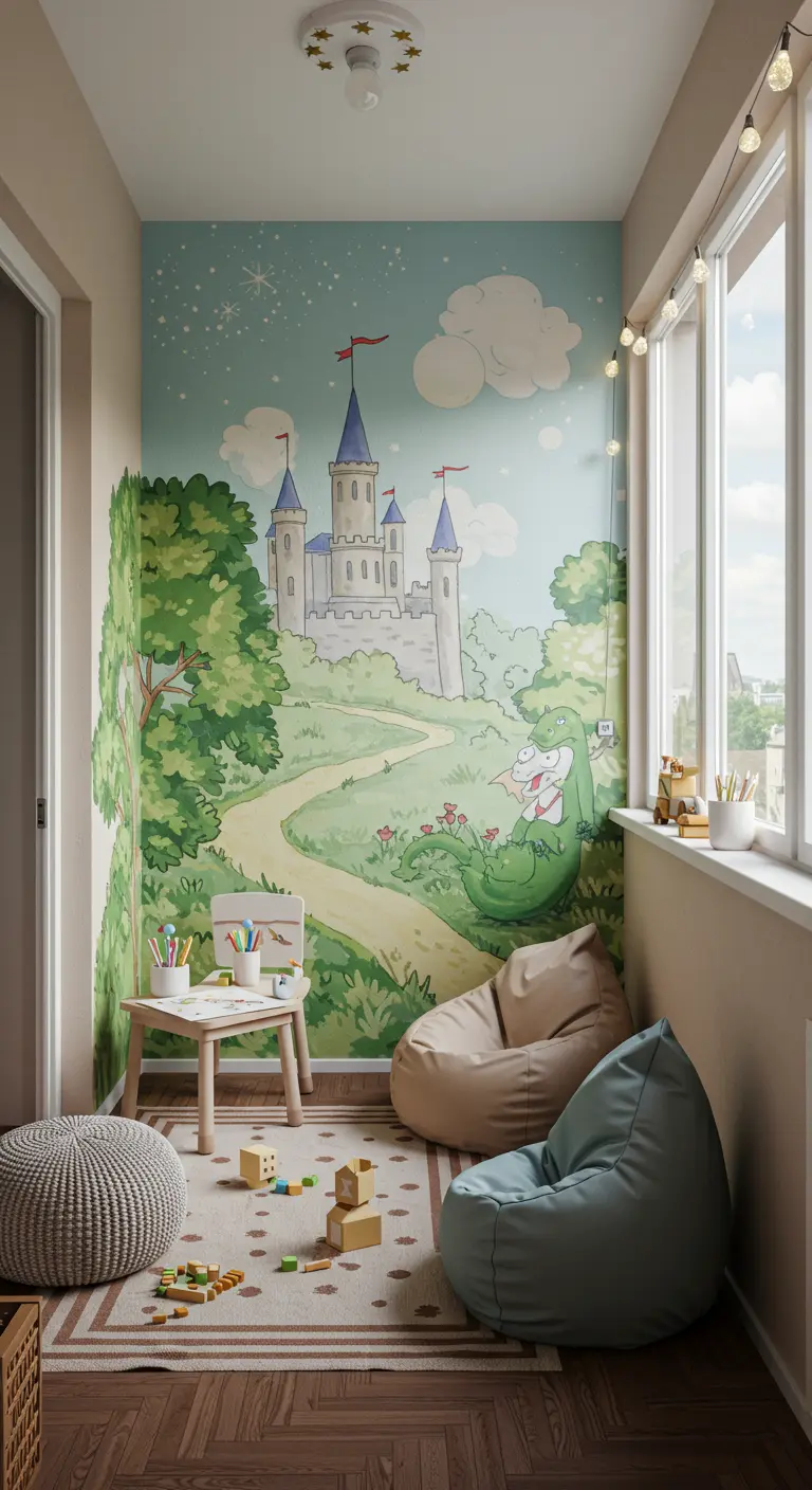 Balcón infantil con un mural de un castillo de cuento de hadas y una zona de juegos.