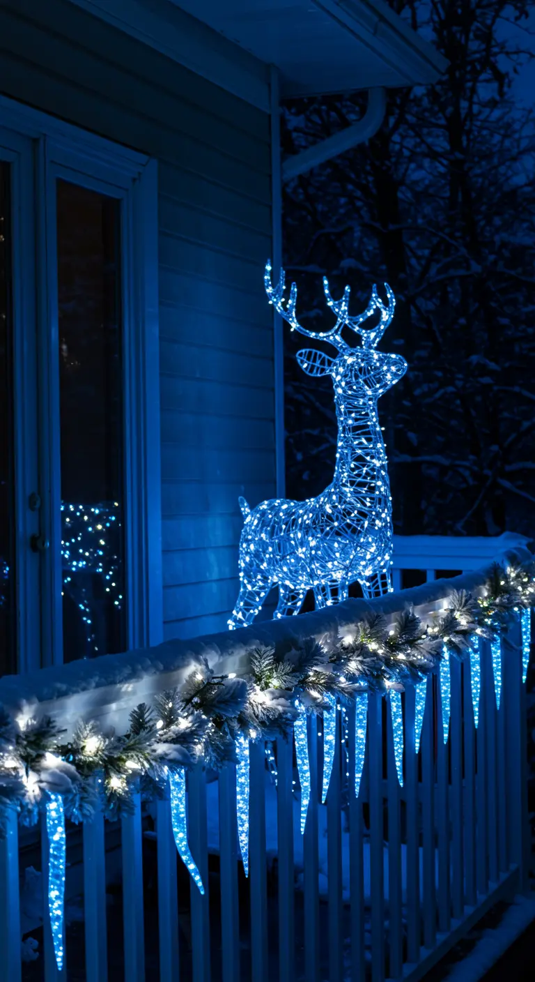 Balcón con decoración invernal, reno luminoso y luces de carámbano azules y blancas.