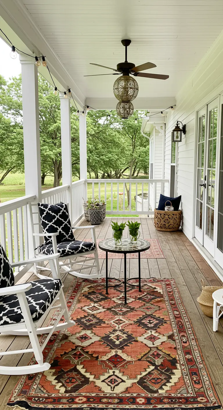 Porche con mecedoras blancas, cojines geométricos, una alfombra persa y una mesita de mosaico