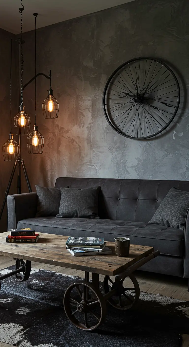 Gran reloj de pared hecho con una rueda de bicicleta en una sala de estar de estilo industrial.