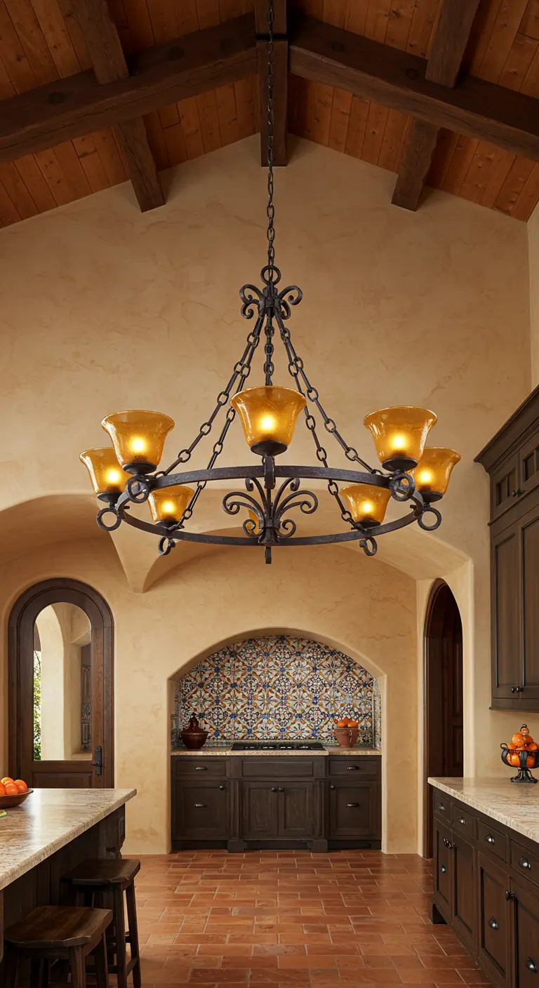 Cocina de estilo mediterráneo con un gran candelabro de hierro y tulipas de cristal ámbar.