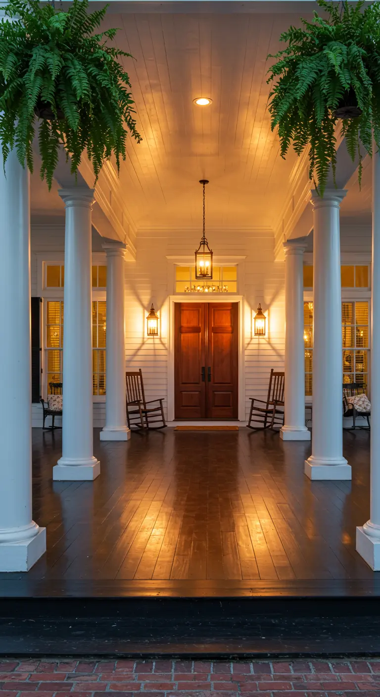 Porche colonial amplio con columnas blancas, puerta doble de madera y faroles de luz cálida por la noche