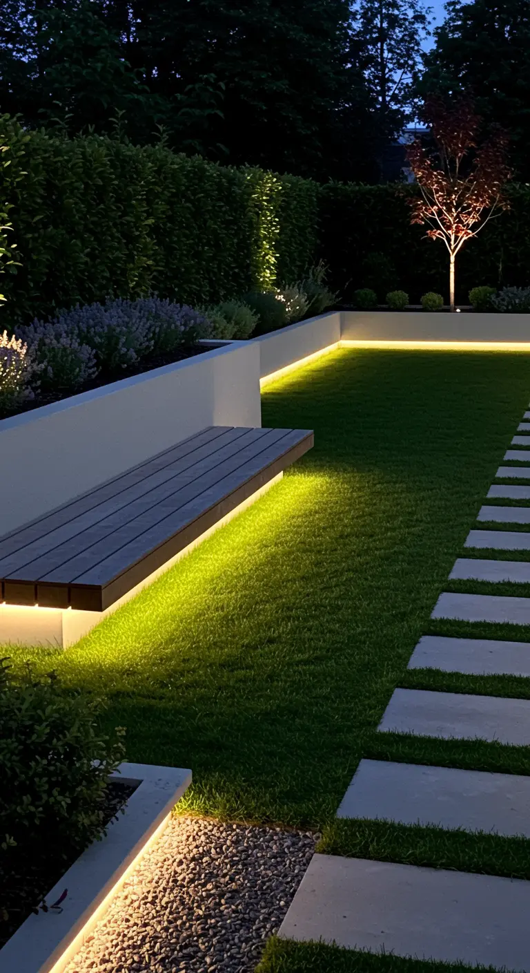 Jardín de noche con iluminación LED cálida oculta bajo un banco y a lo largo de un parterre.