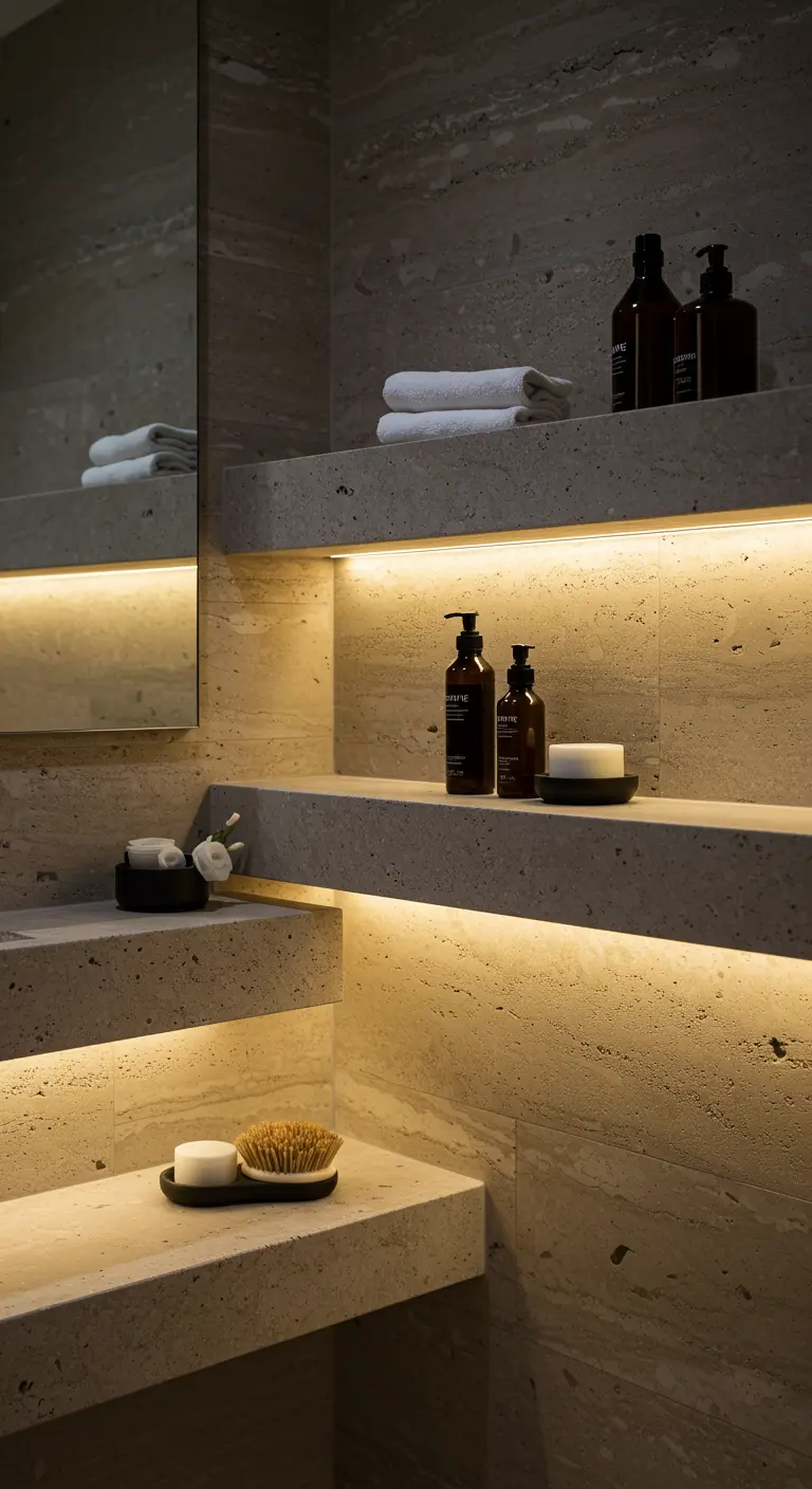 Estanterías gruesas de piedra con tiras de luz LED cálida por debajo.