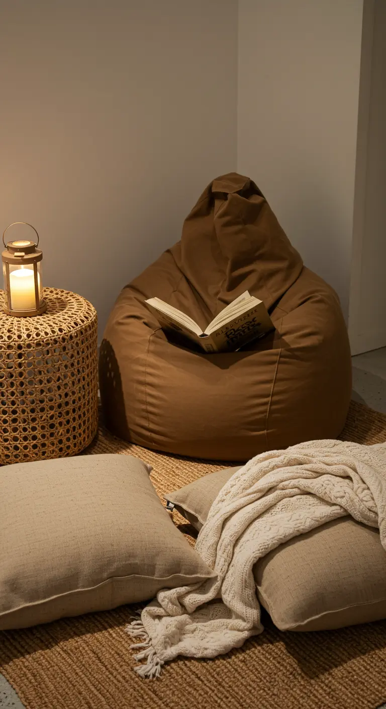 Puf de color marrón con un libro abierto, rodeado de cojines, una manta y un farolillo.