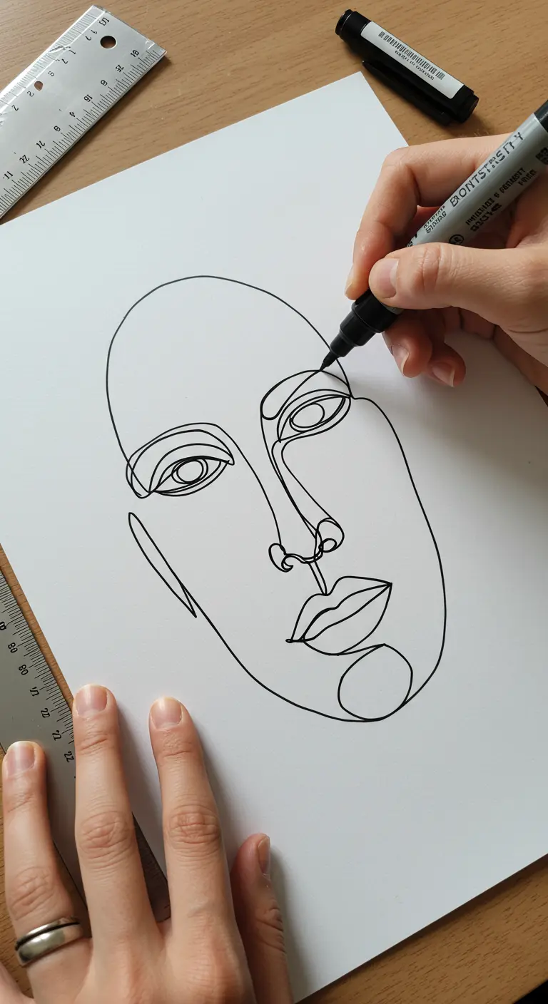 Una mano dibujando un rostro abstracto con una sola línea continua usando un rotulador negro